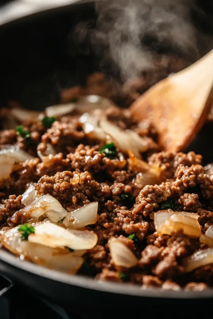 Ultimate Beefaroni Recipe: A Hearty & Classic Comfort Food 5 Browning ground beef with onions and garlic for beefaroni