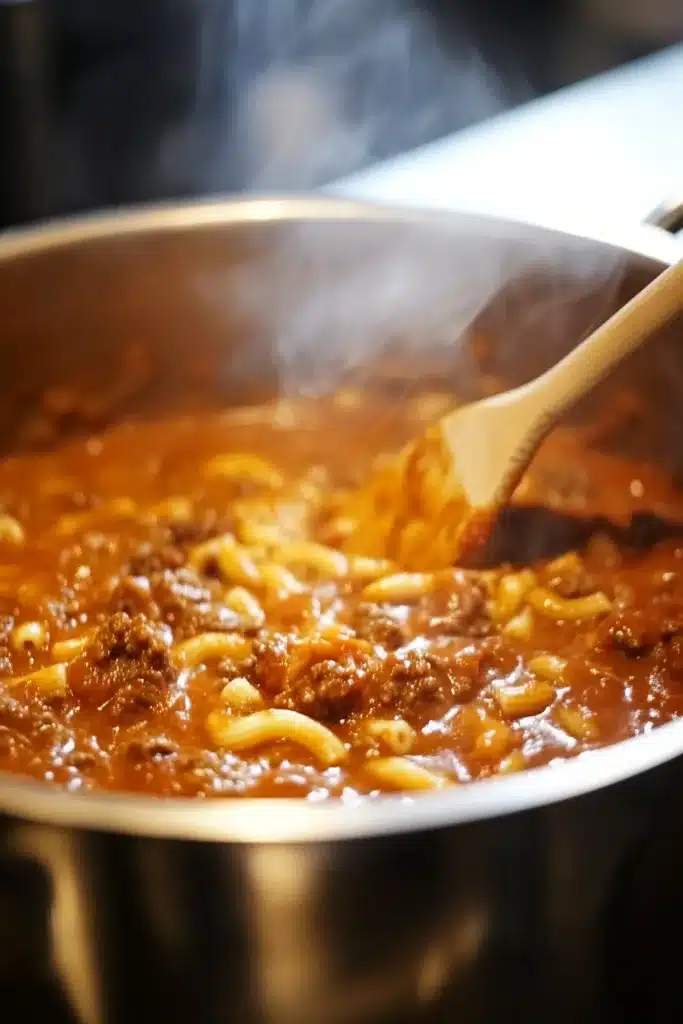Ultimate Beefaroni Recipe: A Hearty & Classic Comfort Food 6 Stirring macaroni into the rich tomato beef sauce