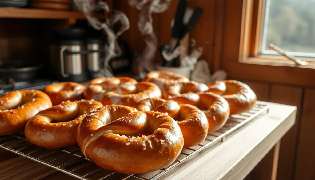 Golden-brown soft pretzels baking