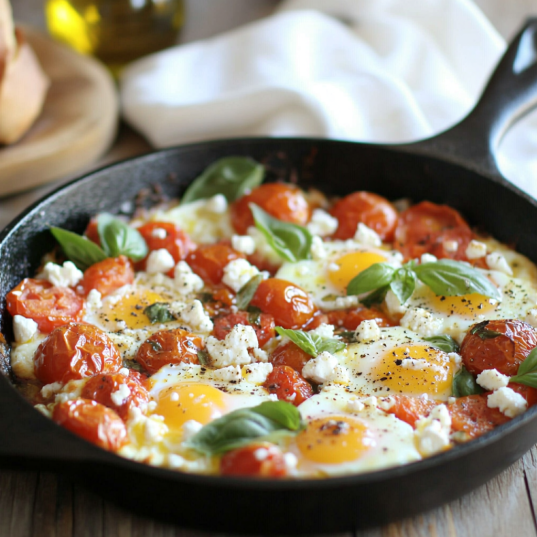 Tomato and Feta Baked Eggs in a skillet with fresh basil garnish