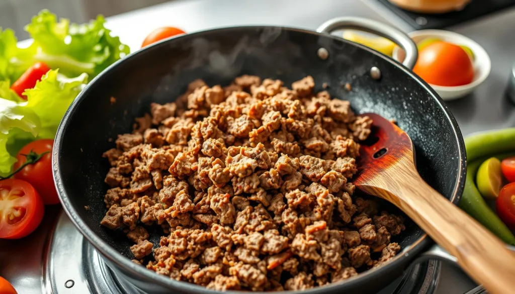 cooking ground beef in skillet for Big Mac Salad