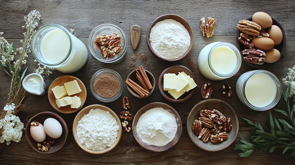 A flat lay of sticky bun ingredients including flour, sugar, cinnamon, butter, milk, eggs, yeast, heavy cream, and pecans on a rustic wooden table.