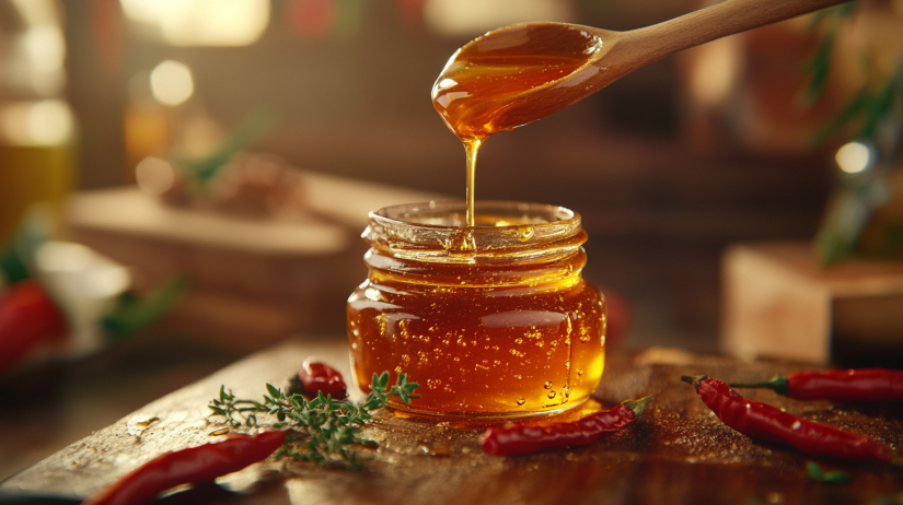 Close-up of a glass jar filled with golden hot honey sauce, with a wooden spoon drizzling honey into the jar. Fresh red chili peppers and sprigs of thyme are scattered on a rustic wooden surface, illuminated by warm natural light, creating a cozy and inviting culinary atmosphere.