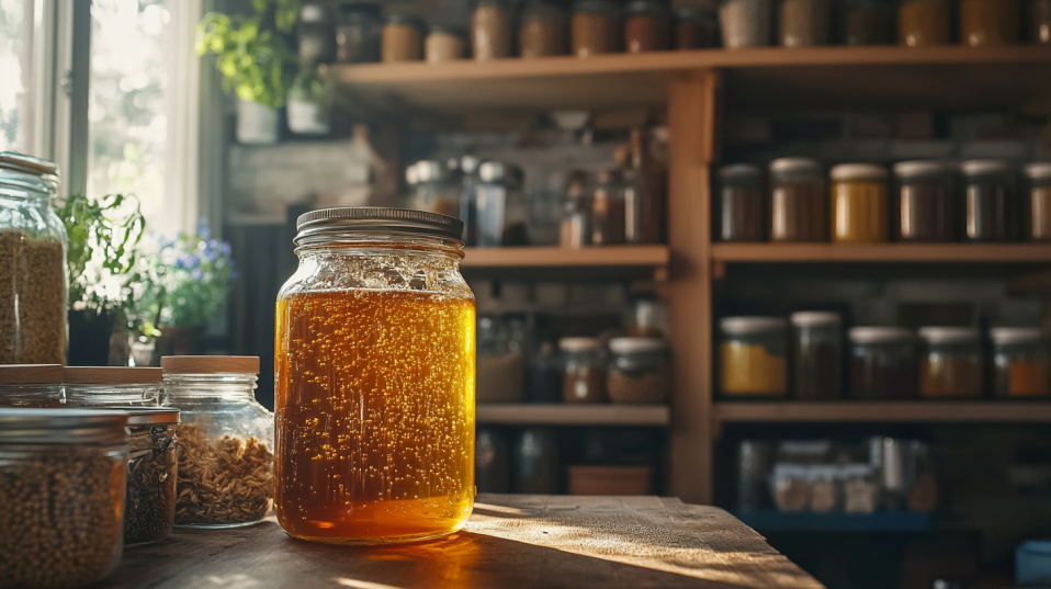 Close-up of a glass jar filled with golden hot honey sauce, with a wooden spoon drizzling honey into the jar. Fresh red chili peppers and sprigs of thyme are scattered on a rustic wooden surface, illuminated by warm natural light, creating a cozy and inviting culinary atmosphere.