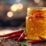 The Best Hot Honey Sauce for Your Meals. 3 Close-up of a glass jar filled with golden hot honey sauce, infused with red chili flakes and sesame seeds, glistening under warm, natural light. Surrounding the jar are vibrant red chili peppers and scattered pepper flakes, placed on a rustic wooden surface, creating a cozy and inviting culinary atmosphere.