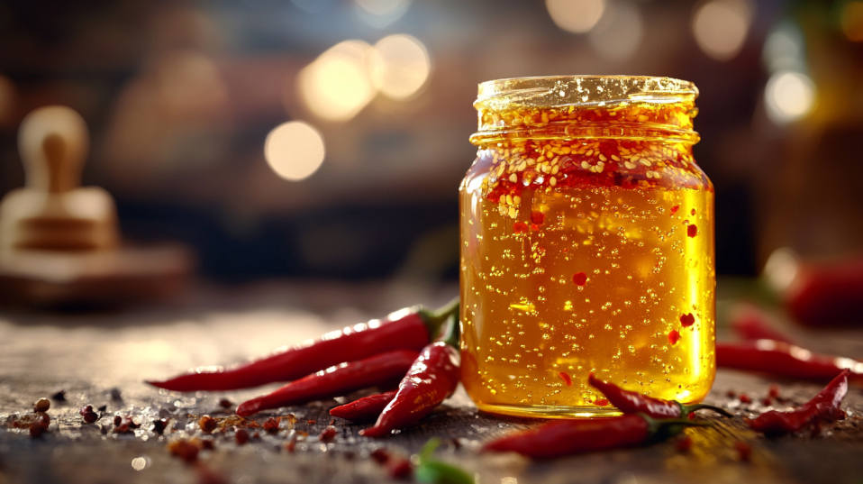 Close-up of a glass jar filled with golden hot honey sauce, infused with red chili flakes and sesame seeds, glistening under warm, natural light. Surrounding the jar are vibrant red chili peppers and scattered pepper flakes, placed on a rustic wooden surface, creating a cozy and inviting culinary atmosphere.