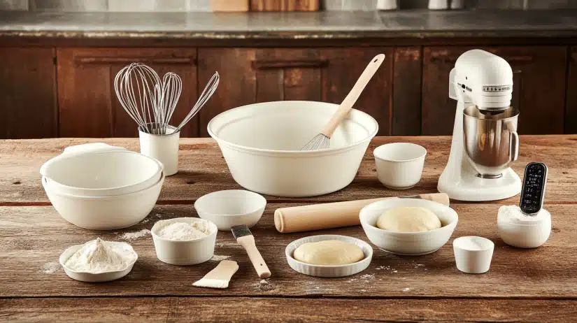 A flat lay of baking equipment for making sticky buns, including mixing bowls, a whisk, a spatula, a stand mixer with a dough hook, a rolling pin, a 9x13-inch baking dish, a pastry brush, and a thermometer on a rustic wooden table.