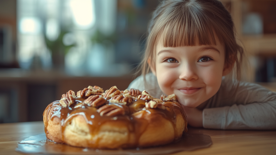 Freshly baked sticky buns with caramel glaze and pecans on a wooden table.