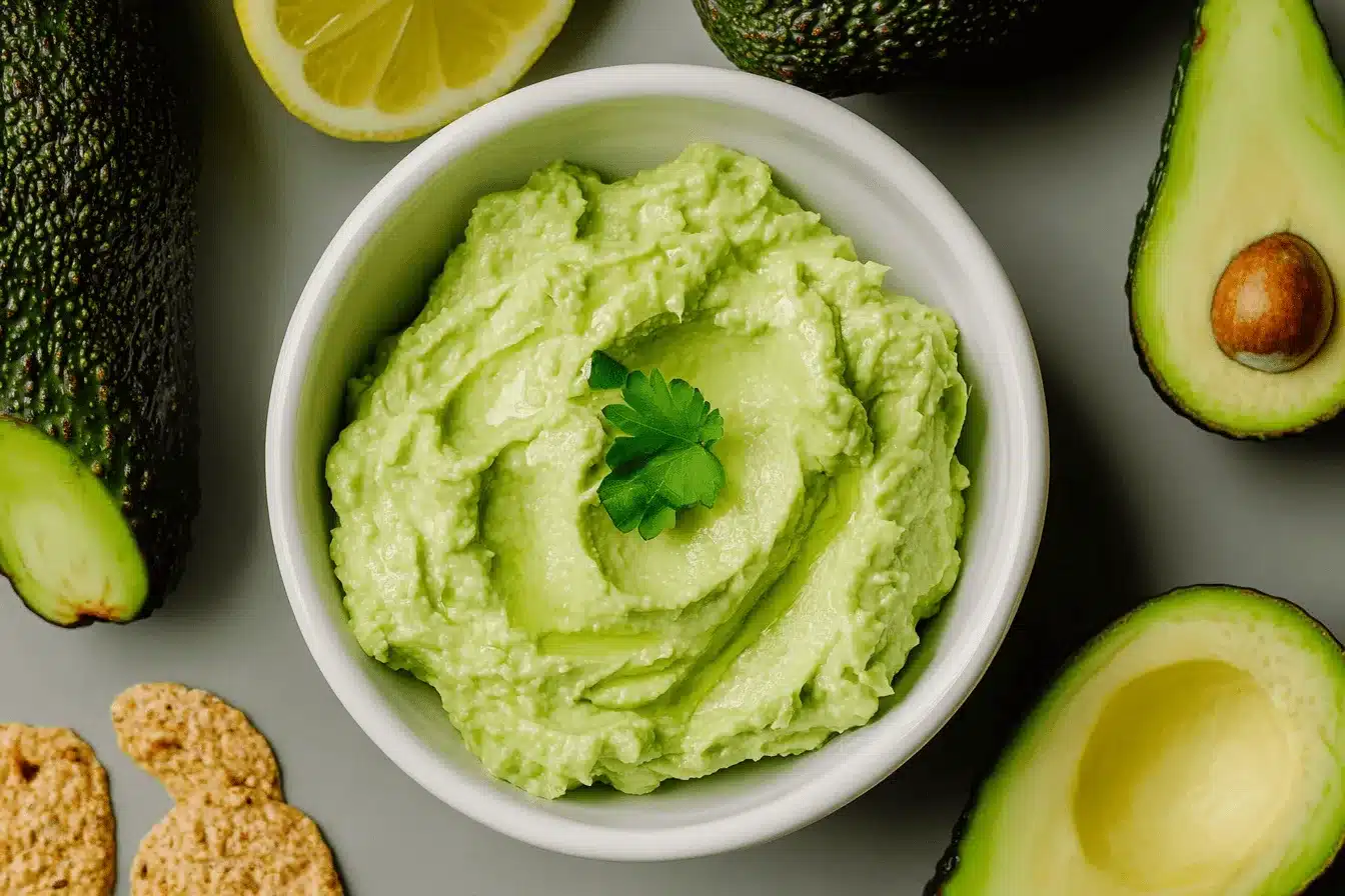 Fresh homemade avocado spread in a white bowl with herbs