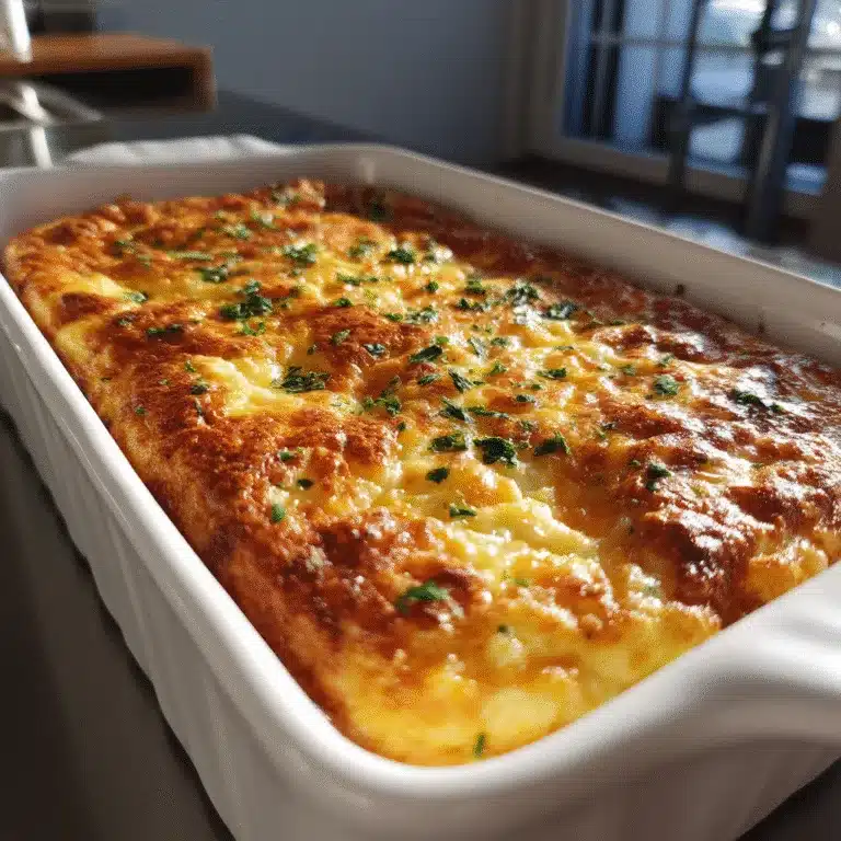 Cheese egg bake in white baking dish