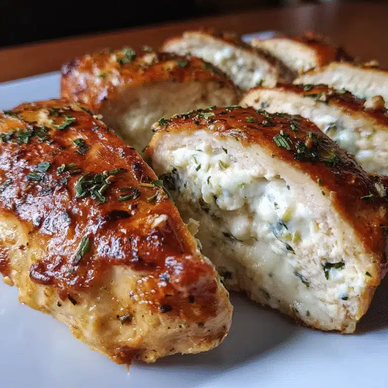 Cream cheese stuffed chicken breast cut open with creamy filling