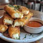Fried Mozzarella Cheese Sticks – Crispy, Gooey, and Irresistible 6 Fried mozzarella cheese sticks stacked with cheese pull