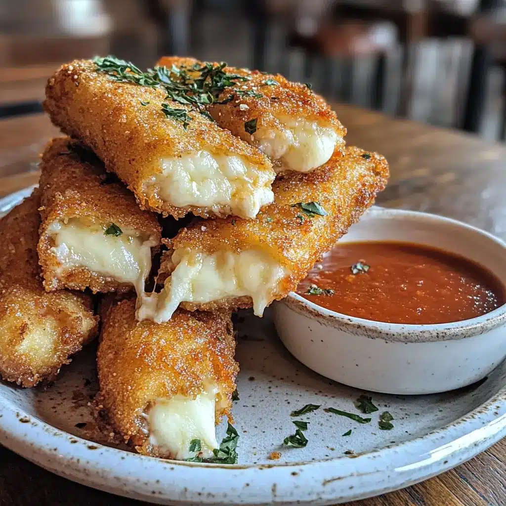 Fried mozzarella cheese sticks stacked with cheese pull