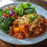 Stuffed Pepper Casserole: The Ultimate Comfort Dish for Every Occasion 6 healthy stuffed pepper casserole on plate with salad