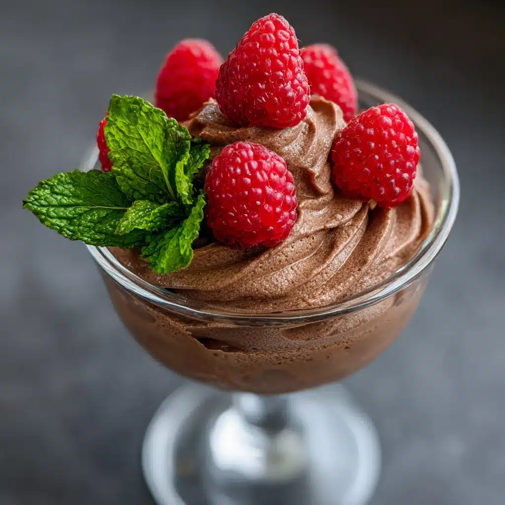 High protein chocolate cream mousse topped with raspberries
