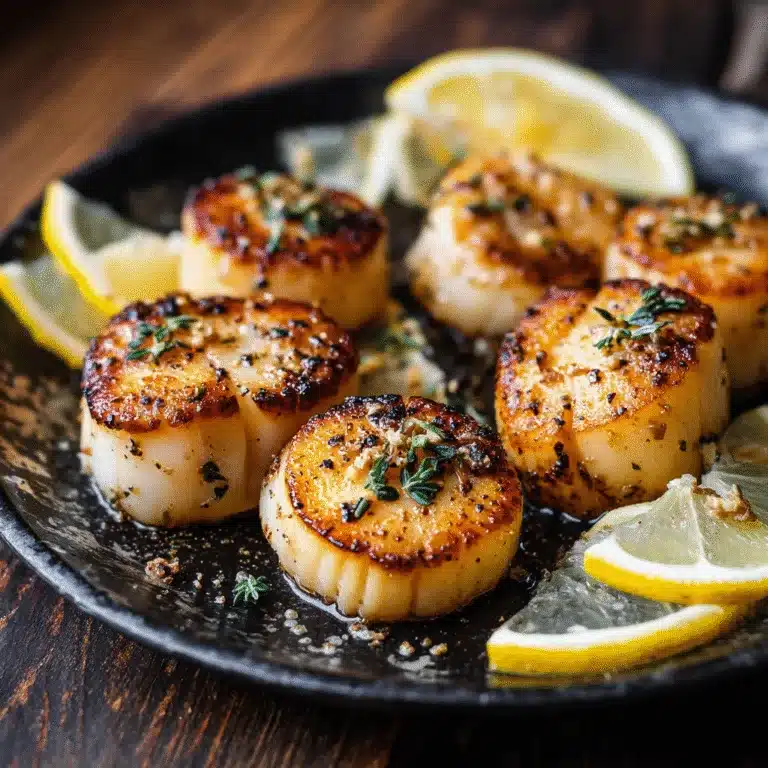 Smoked scallops with lemon on plate