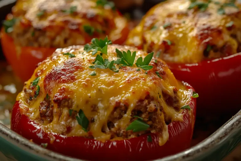 stuffed pepper casserole with melted cheese in baking dish