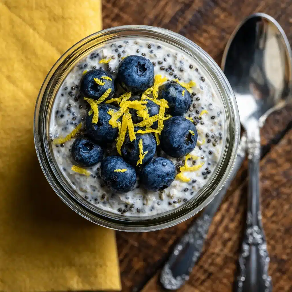 Blueberry Lemon & Poppy Seed Overnight Oats in a glass jar with lemon zest