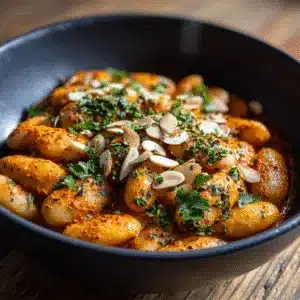 High-Protein Romesco Butter Beans in a rustic bowl