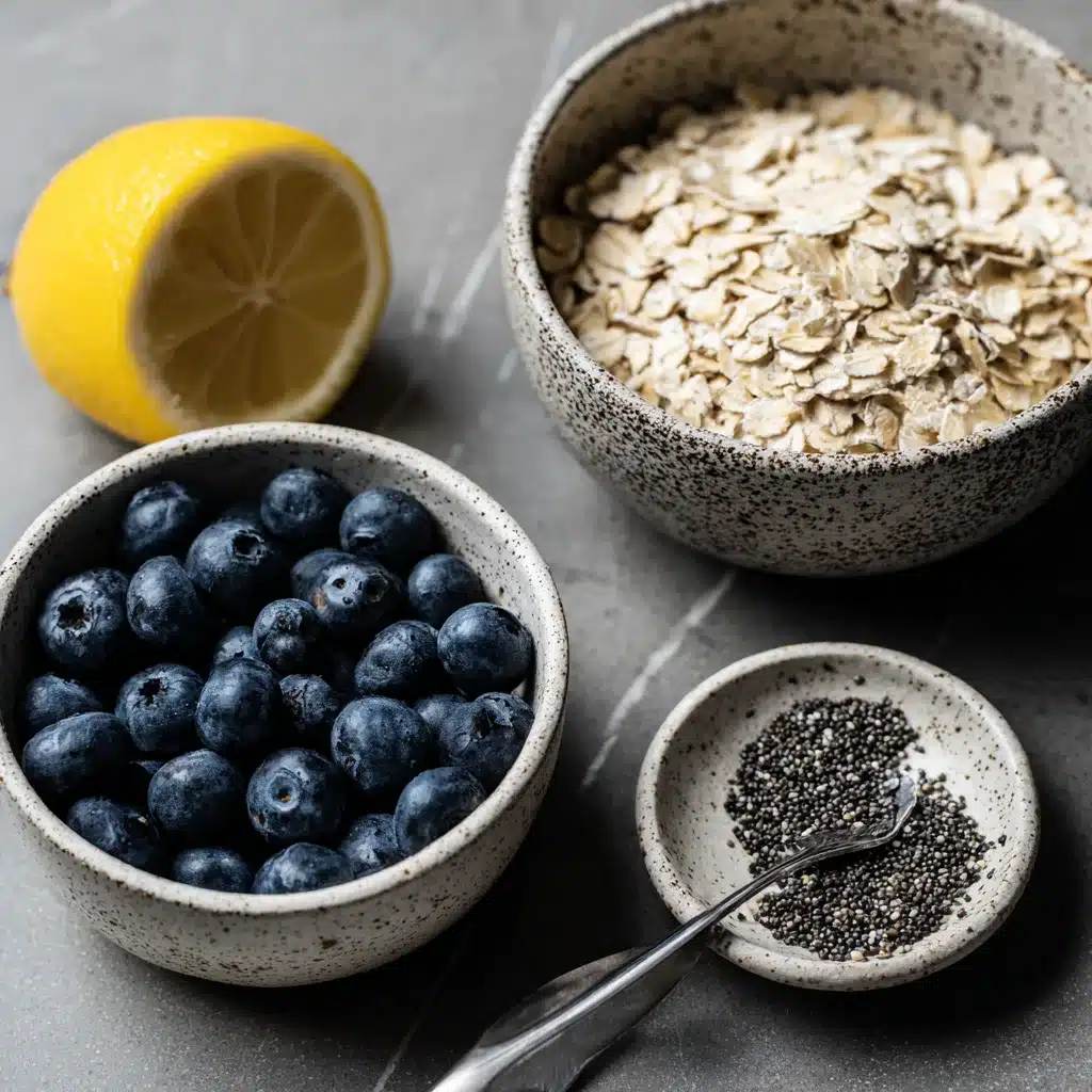 Blueberry Lemon & Poppy Seed Overnight Oats – A Bright & Healthy Breakfast Twist 6 Ingredients for Blueberry Lemon & Poppy Seed Overnight Oats laid out on a table